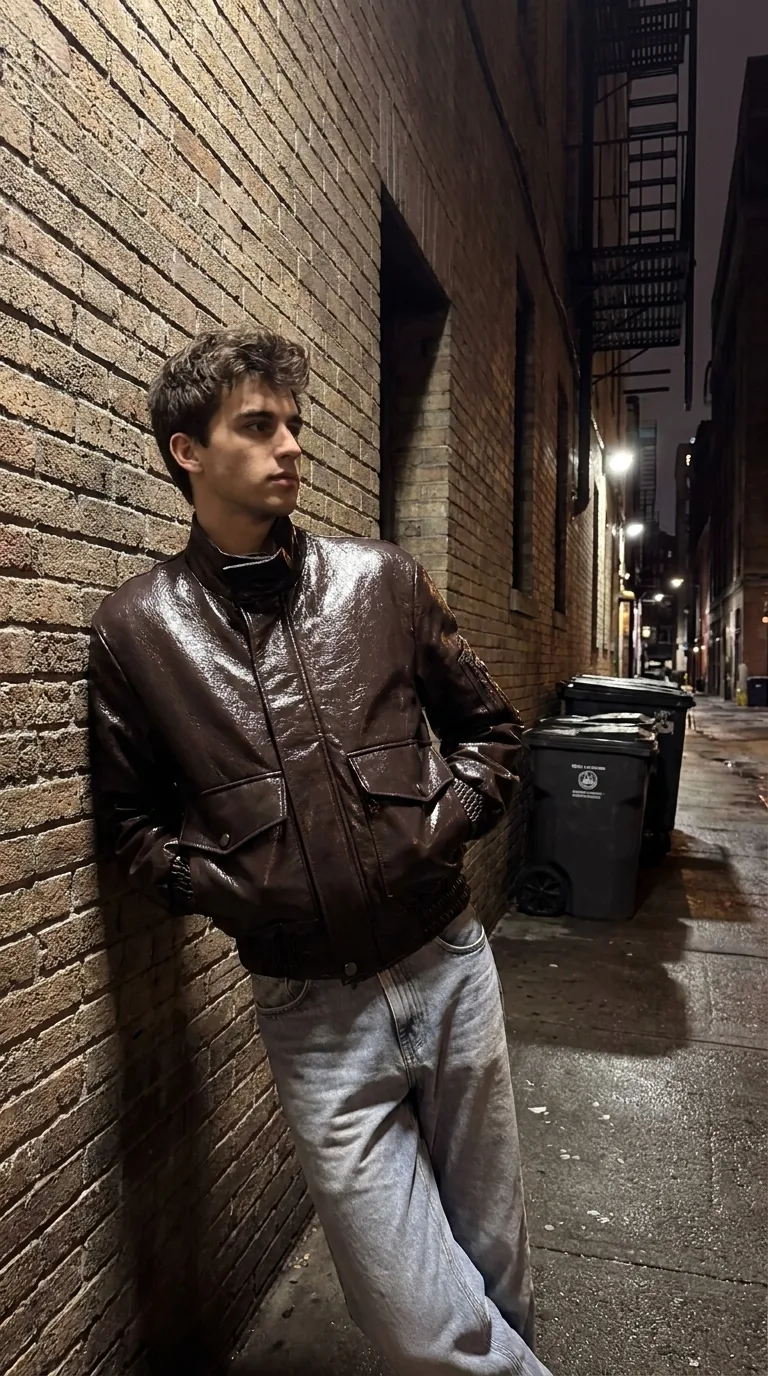 Man wearing Buneri brown leather jacket