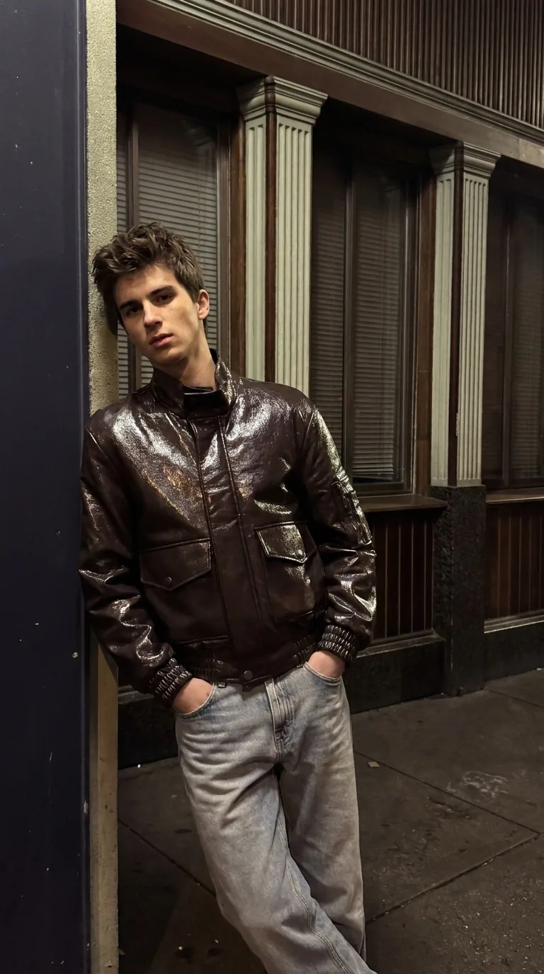 Man wearing Buneri brown leather jacket