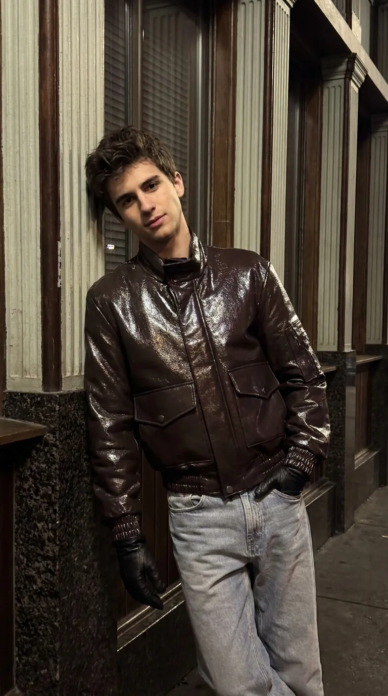 Man wearing Buneri brown leather jacket