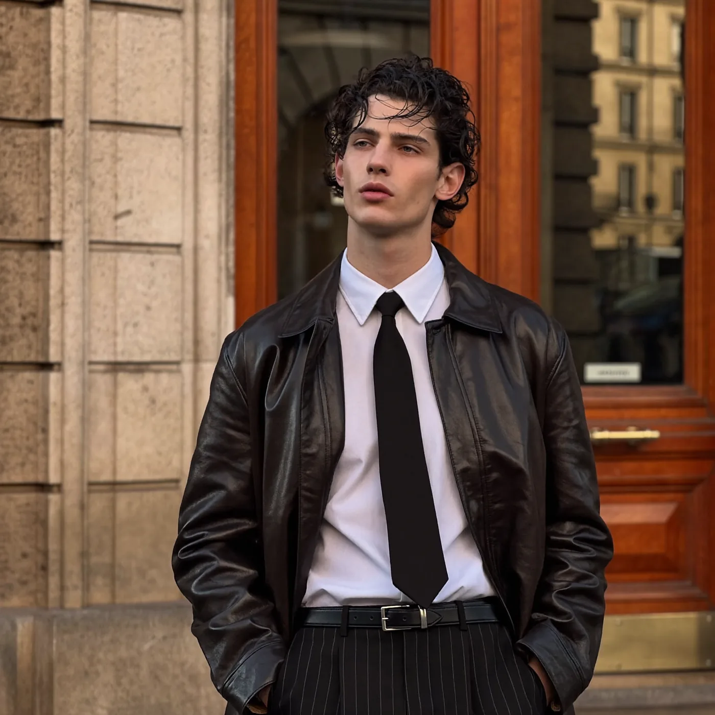 Man wearing Buneri brown leather jacket