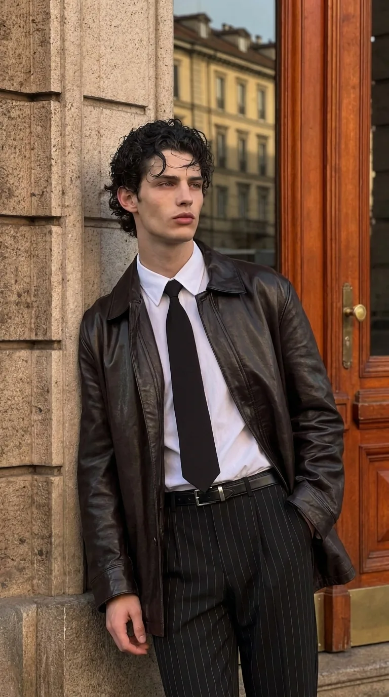 Man wearing Buneri brown leather jacket
