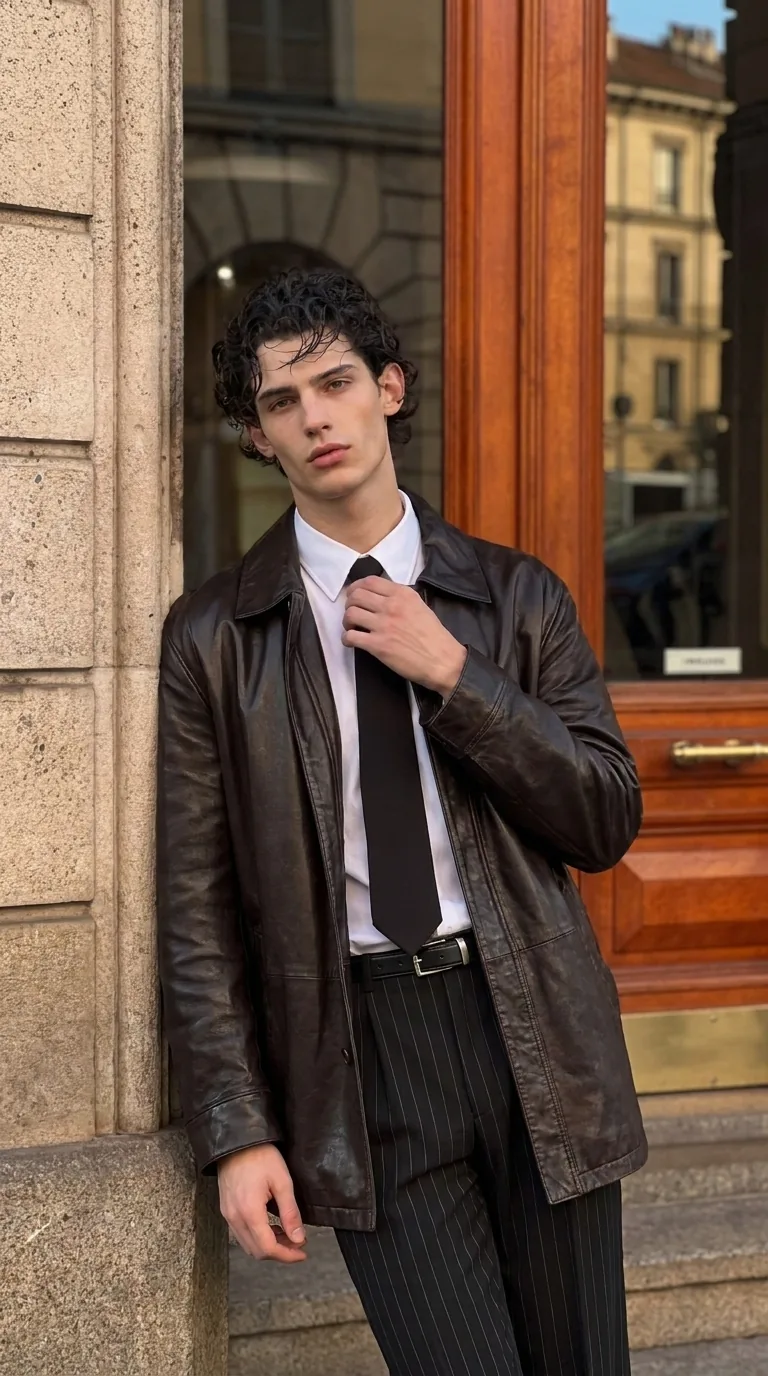 Man wearing Buneri brown leather jacket