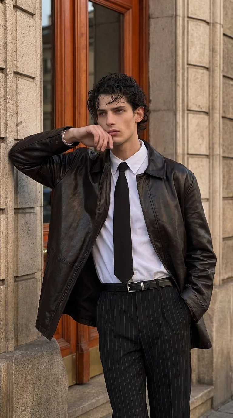 Man wearing Buneri brown leather jacket