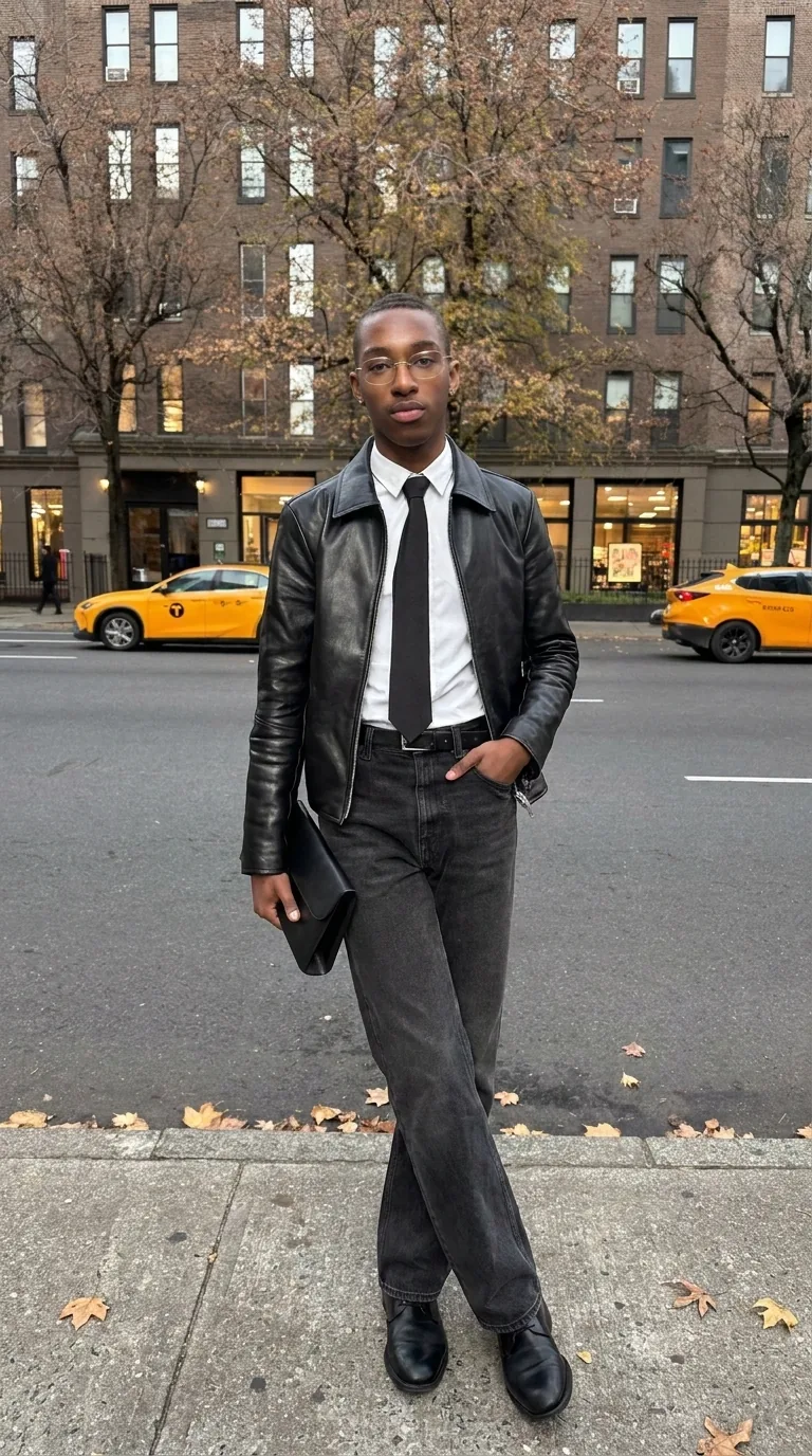 Man wearing Buneri brown leather jacket