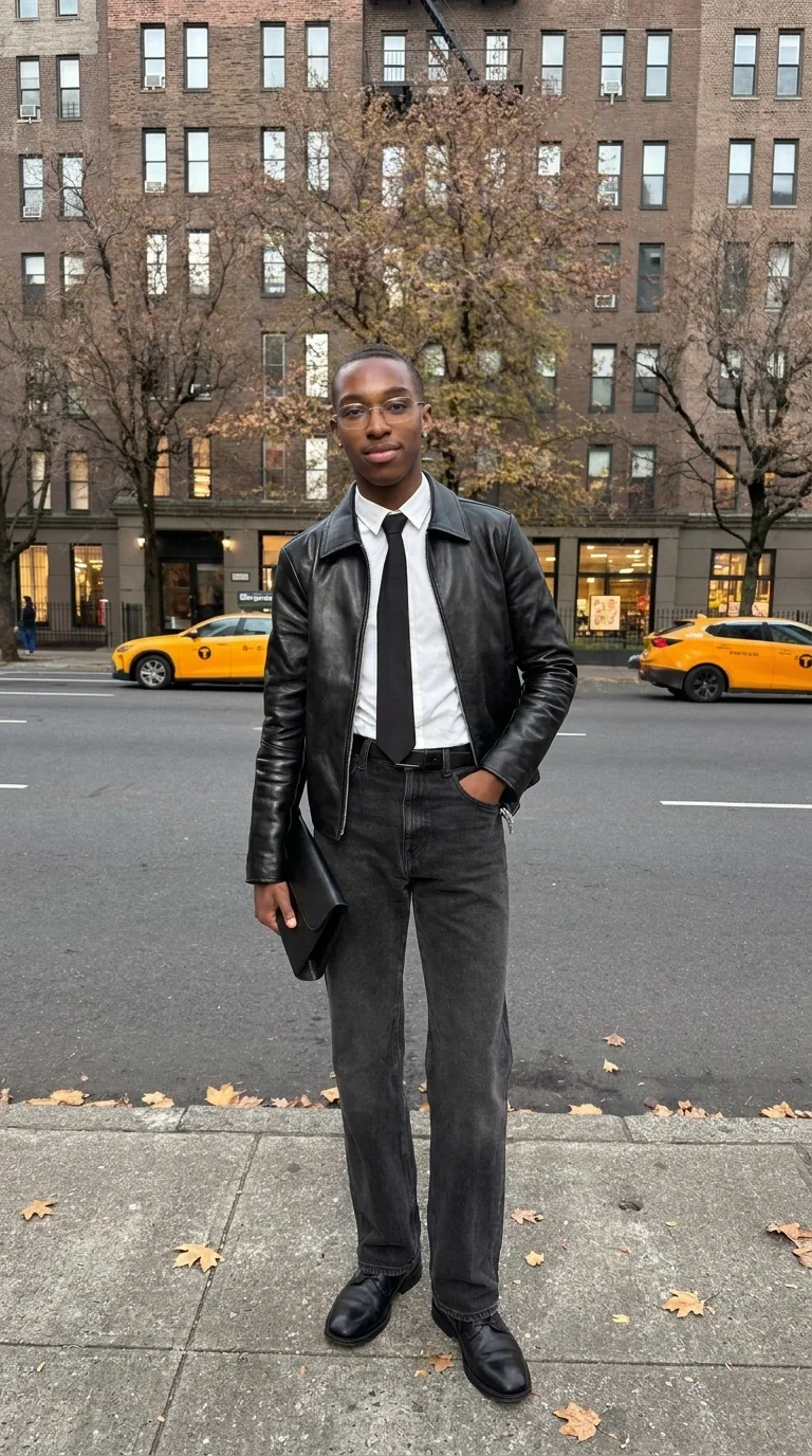 Man wearing Buneri brown leather jacket