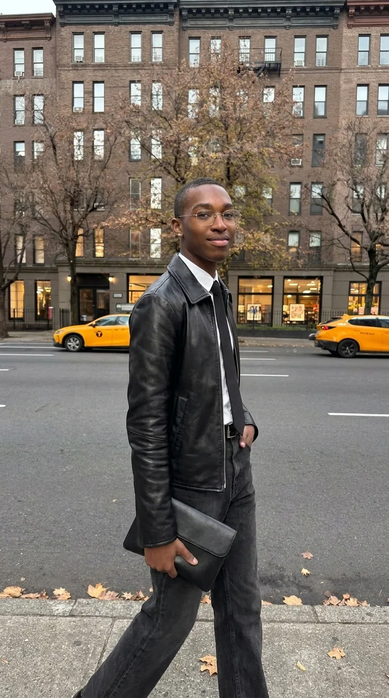 Man wearing Buneri brown leather jacket