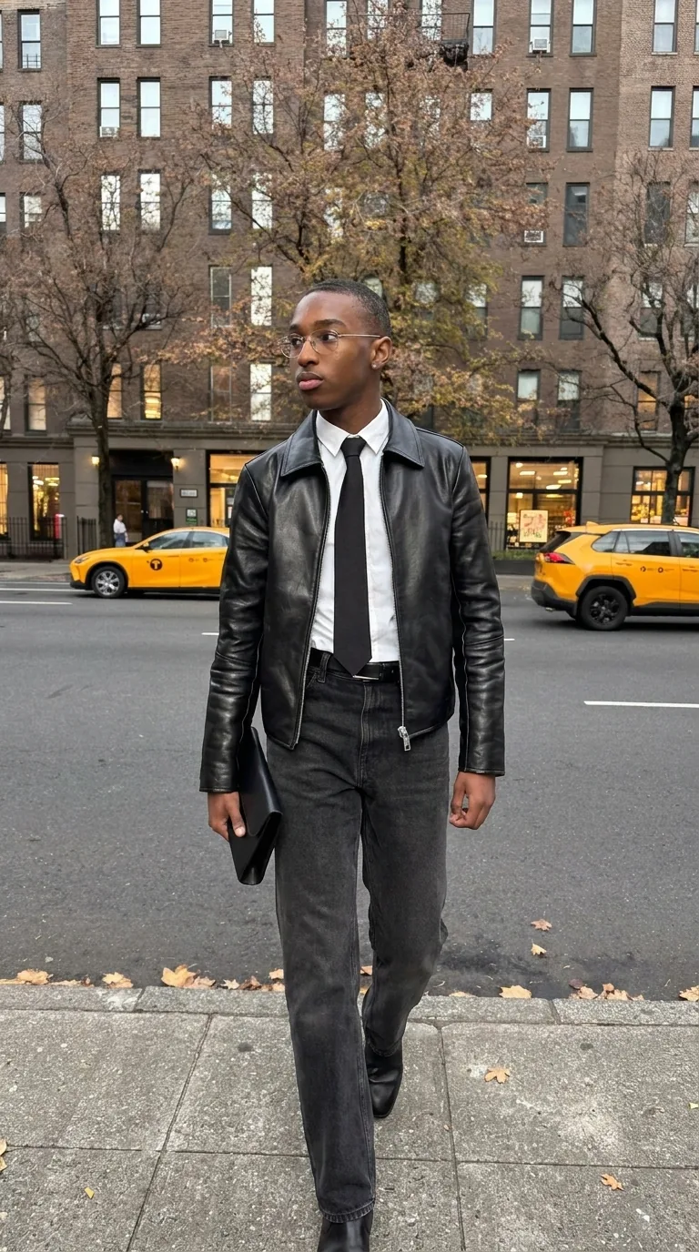 Man wearing Buneri brown leather jacket