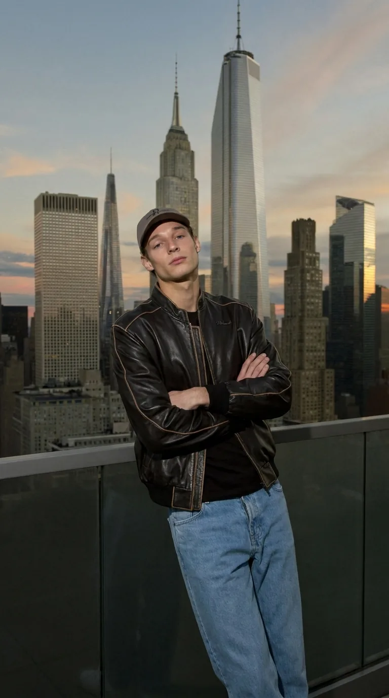 Man wearing Buneri brown leather jacket