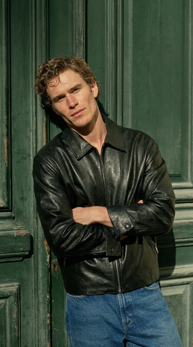 Man wearing Buneri black leather jacket
