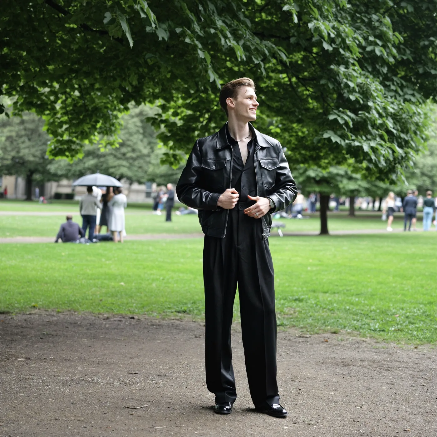 Man wearing Buneri black leather jacket