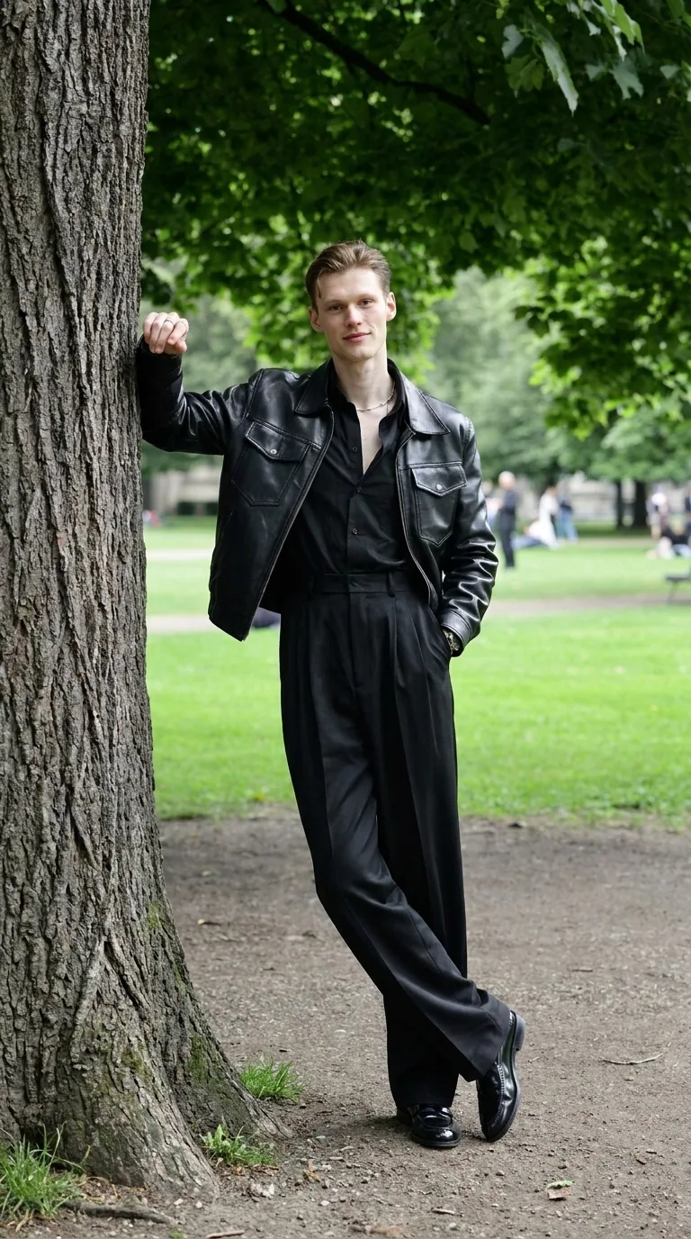 Man wearing Buneri black leather jacket