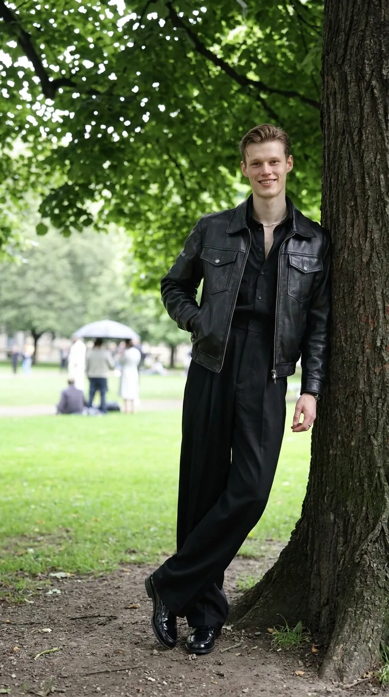 Man wearing Buneri black leather jacket