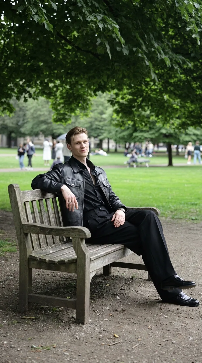 Man wearing Buneri black leather jacket