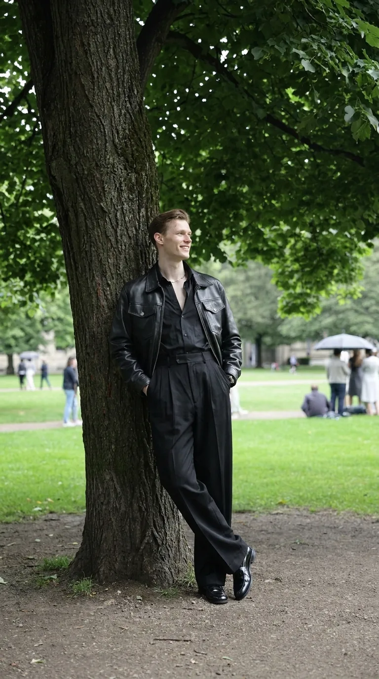Man wearing Buneri black leather jacket