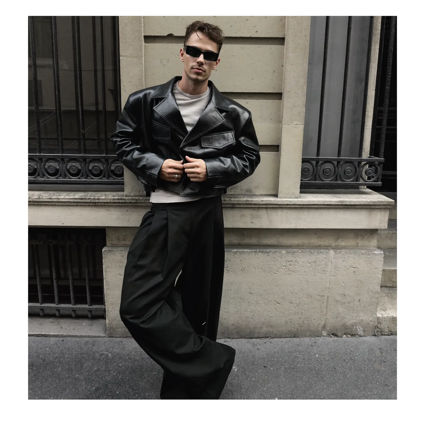 Man wearing Buneri black leather jacket