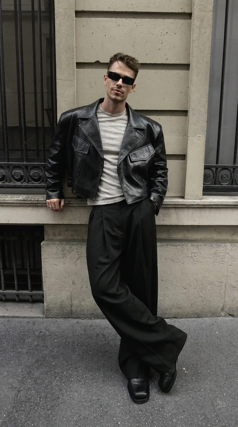 Man wearing Buneri black leather jacket