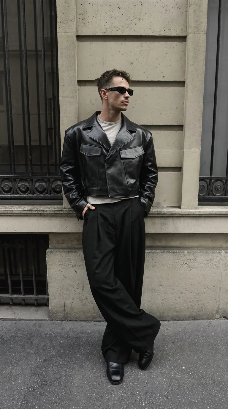 Man wearing Buneri black leather jacket
