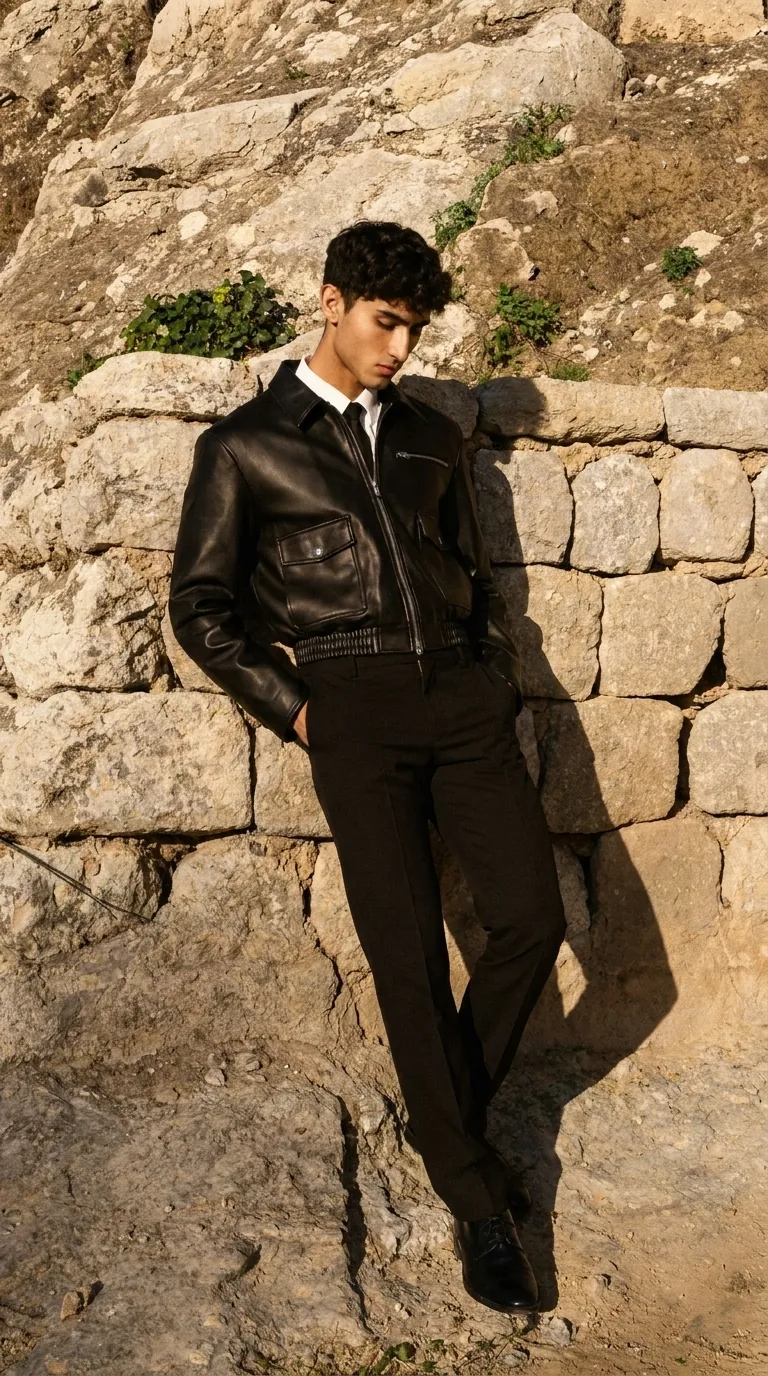 Man wearing Buneri black leather jacket