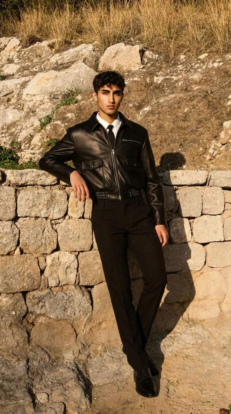 Man wearing Buneri black leather jacket