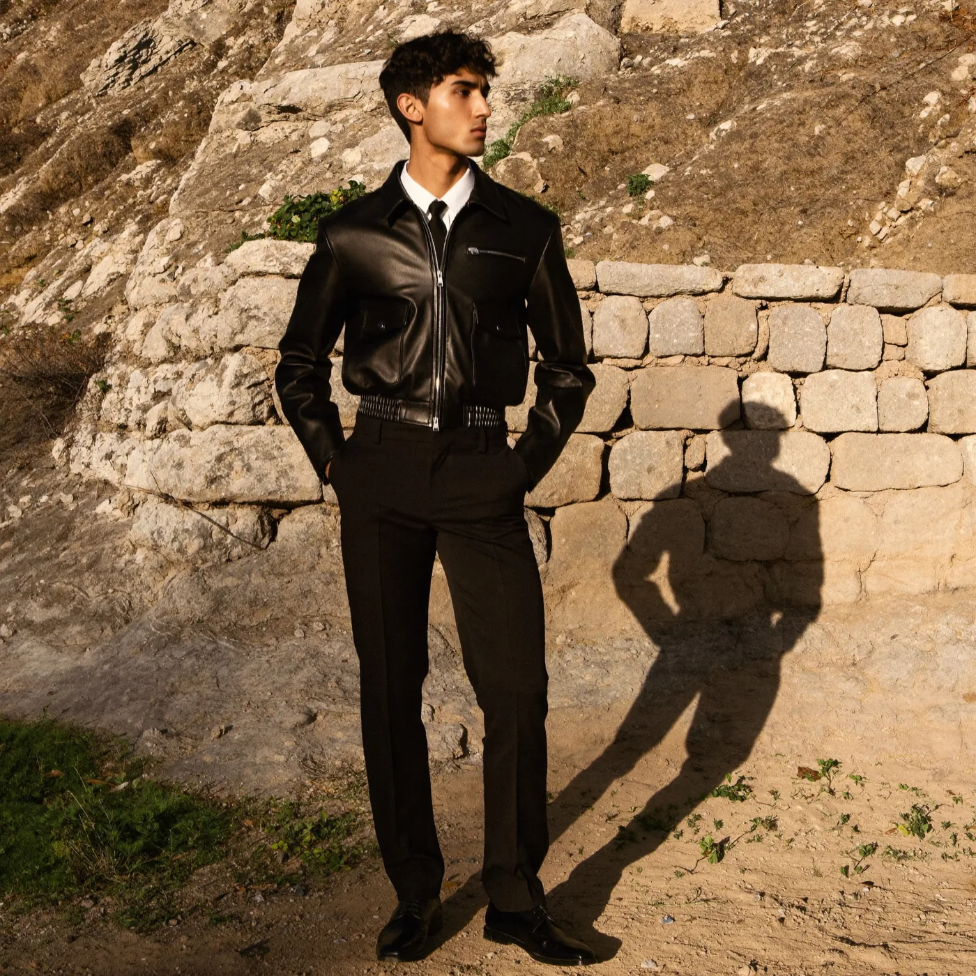 Man wearing Buneri black leather jacket