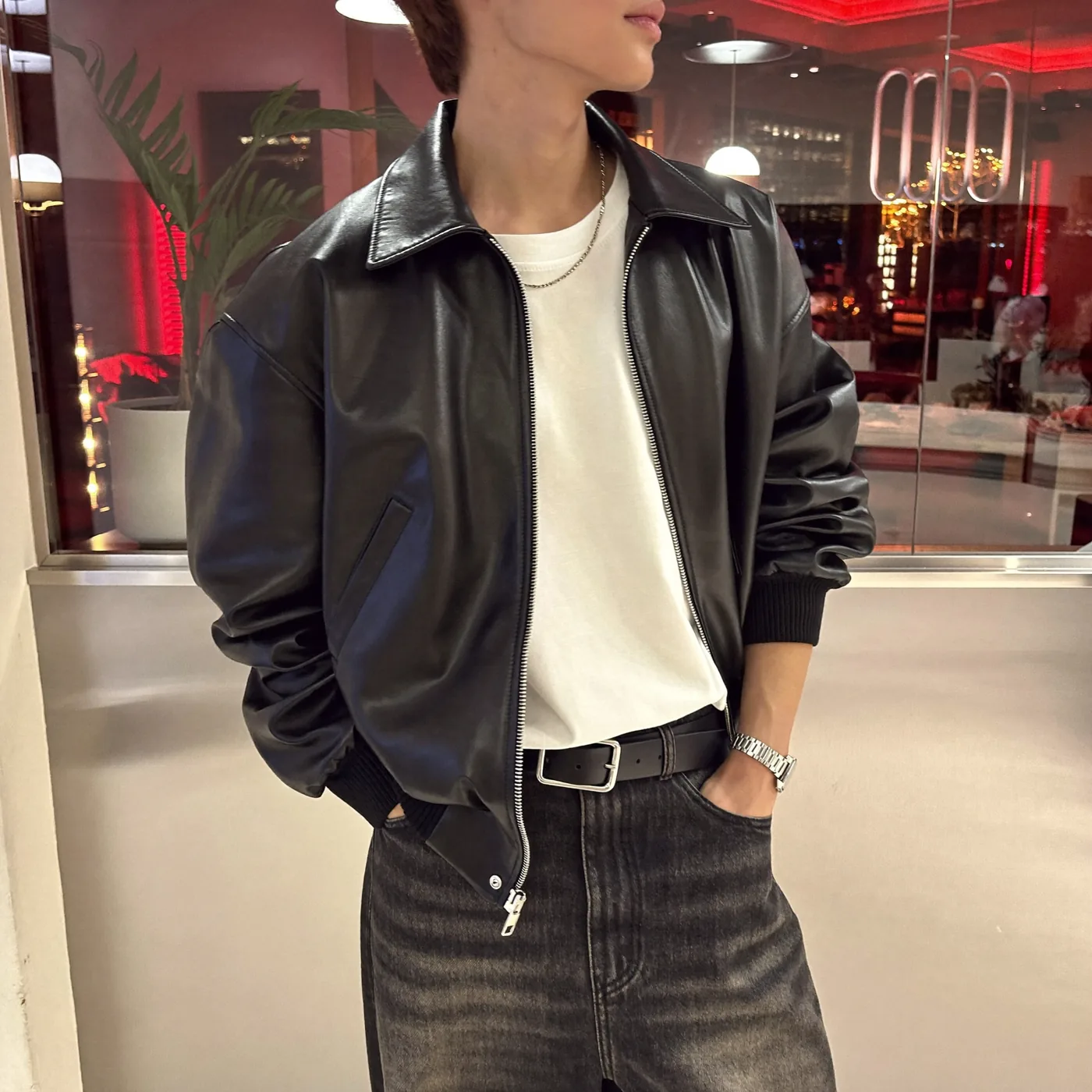 Man wearing Buneri black leather jacket