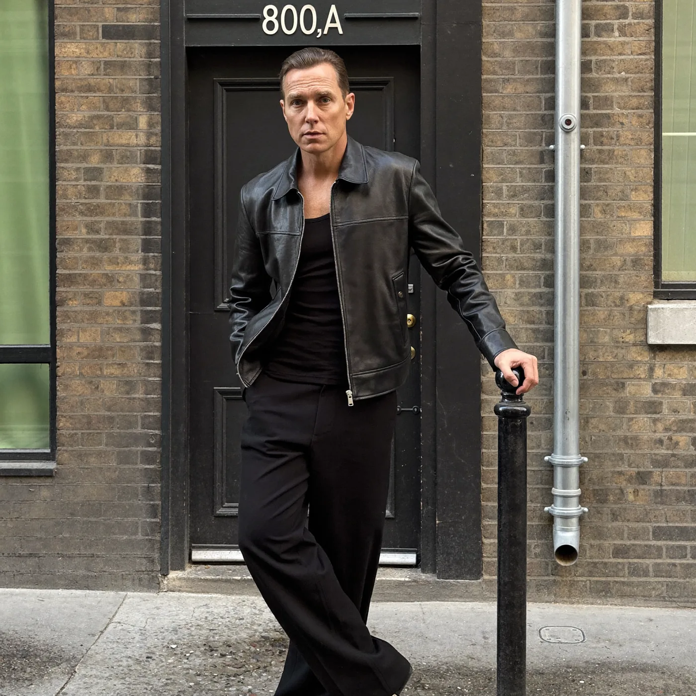 Man wearing Buneri black leather jacket