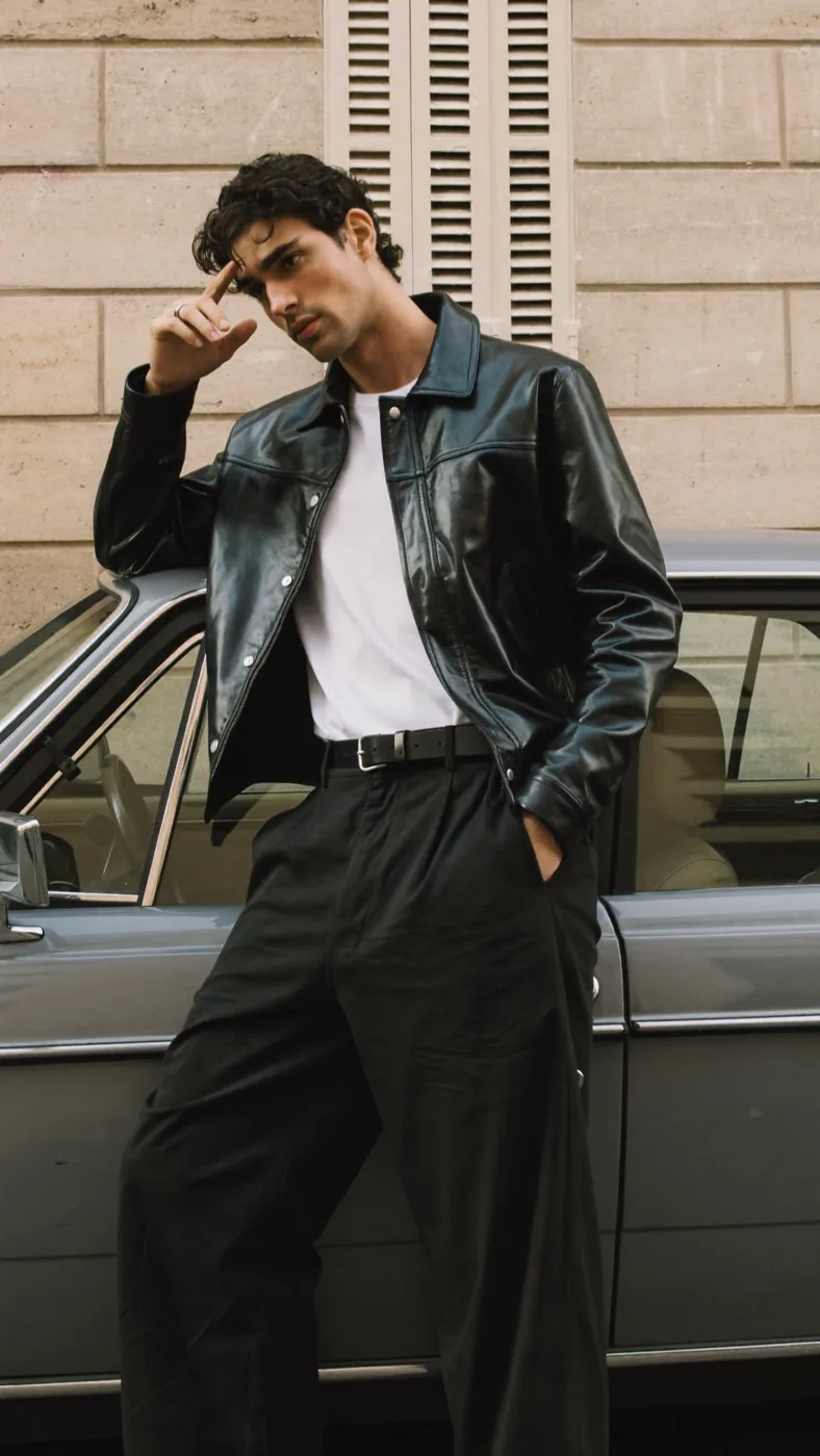 Man wearing Buneri black leather jacket