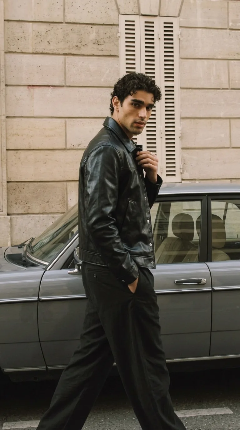 Man wearing Buneri black leather jacket