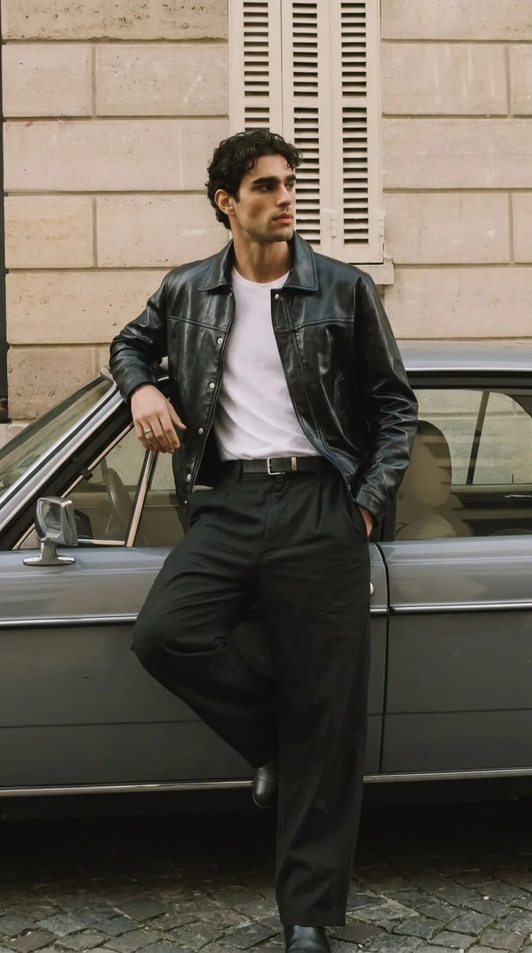 Man wearing Buneri black leather jacket