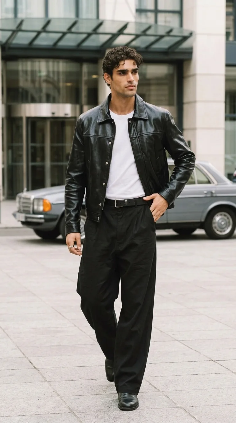 Man wearing Buneri black leather jacket