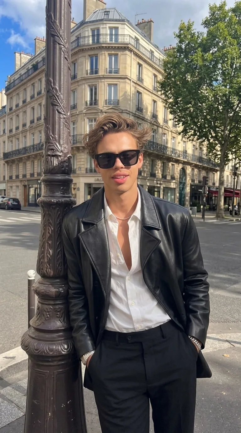 Man wearing Buneri black leather jacket