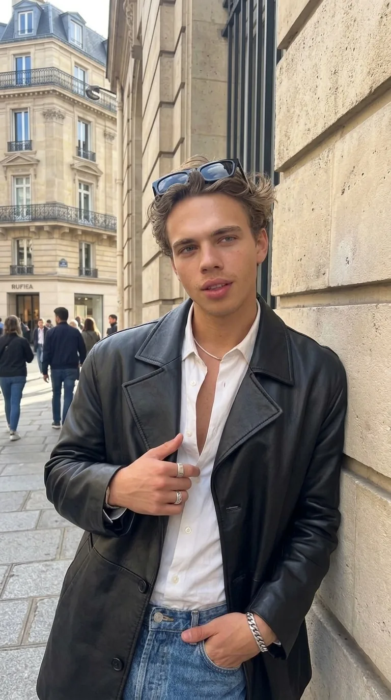 Man wearing Buneri black leather jacket
