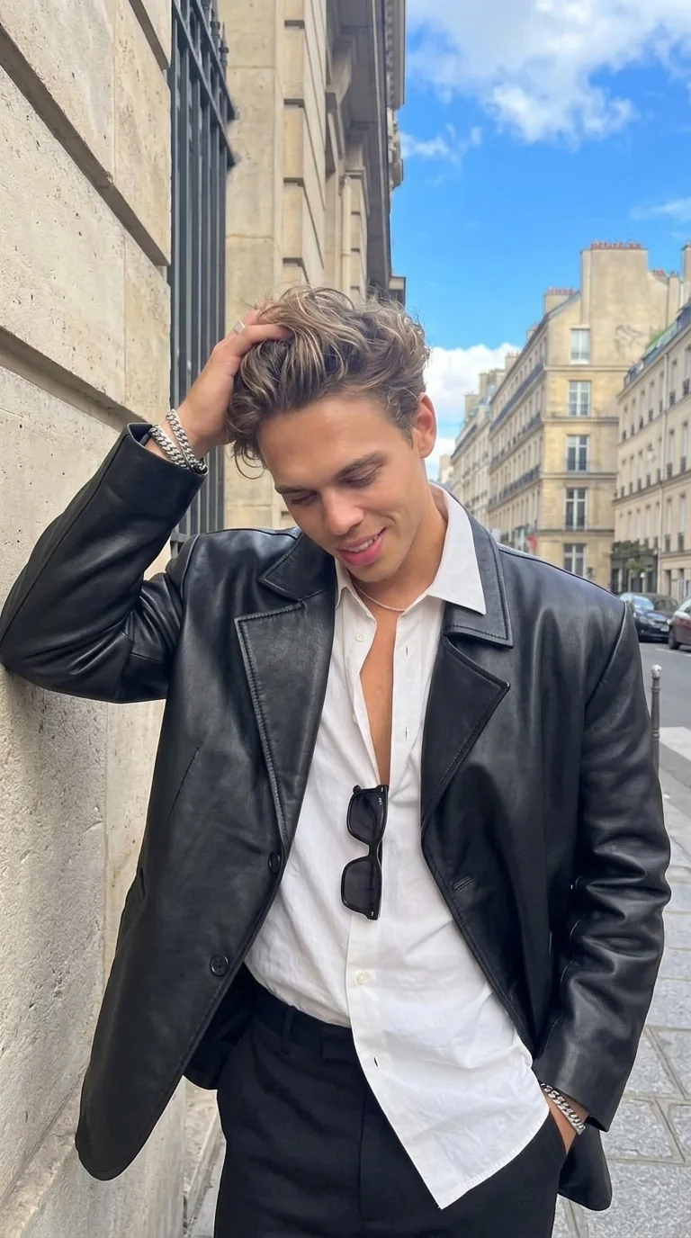 Man wearing Buneri black leather jacket