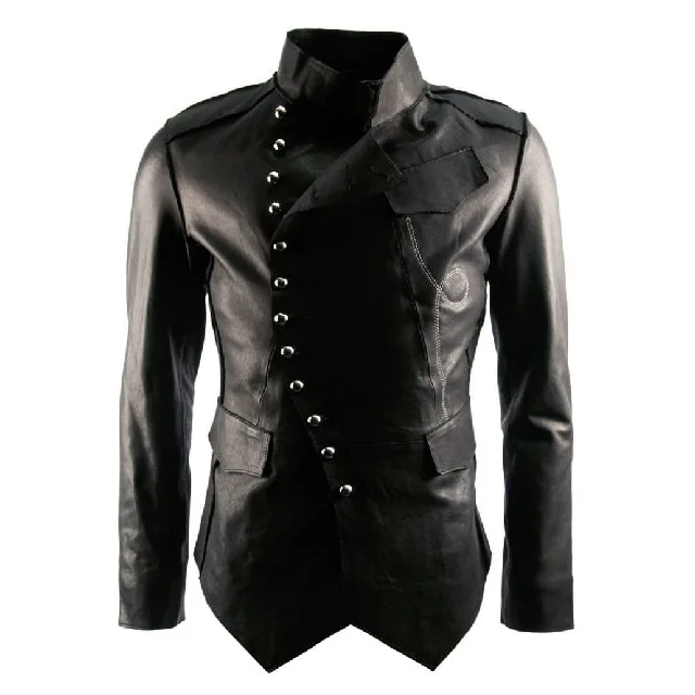 Man wearing Buneri black military leather biker jacket