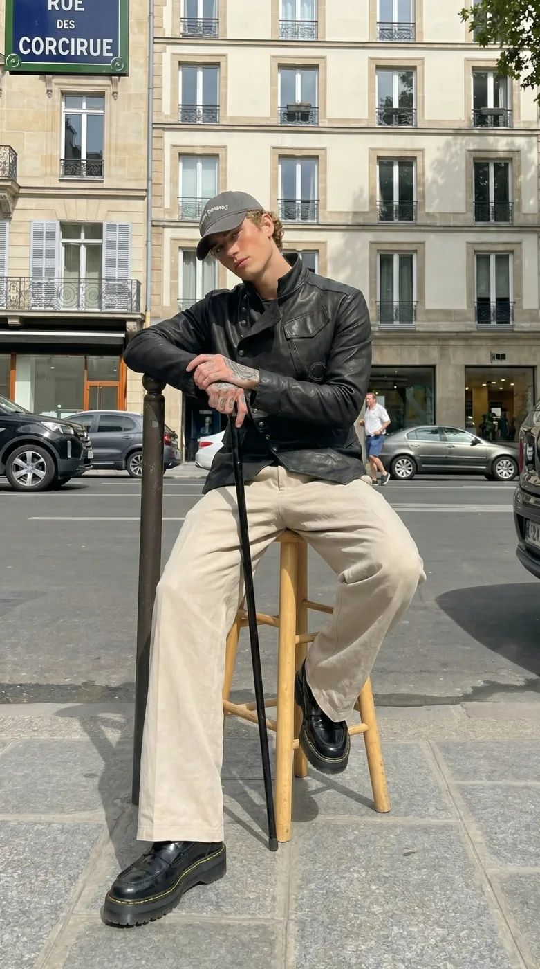 Man wearing Buneri black military leather biker jacket