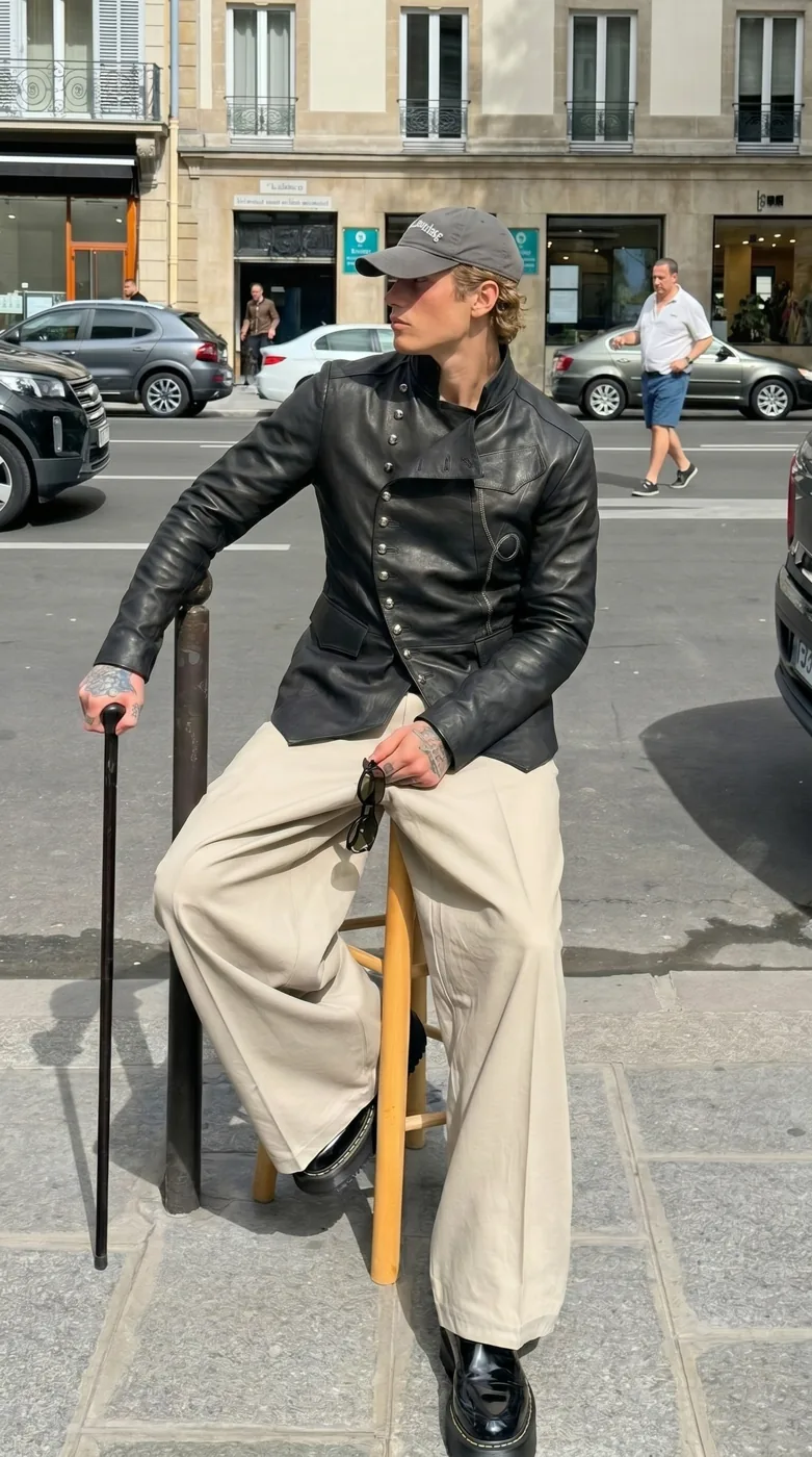 Man wearing Buneri black military leather biker jacket