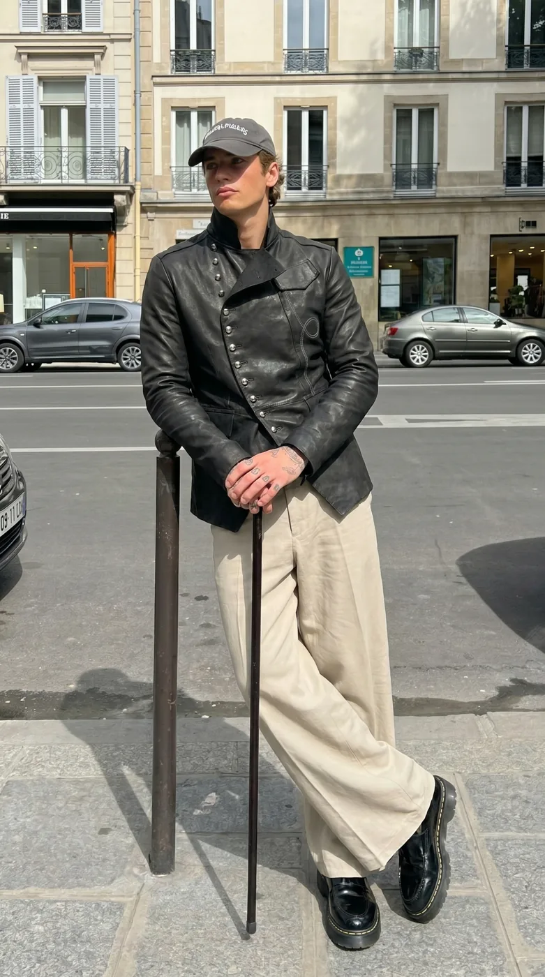 Man wearing Buneri black military leather biker jacket