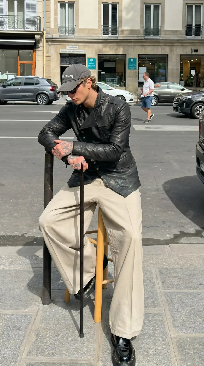 Man wearing Buneri black military leather biker jacket