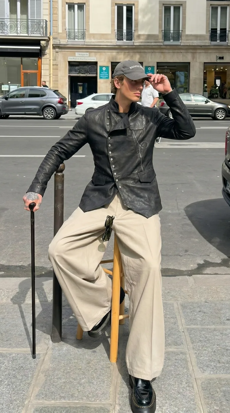 Man wearing Buneri black military leather biker jacket