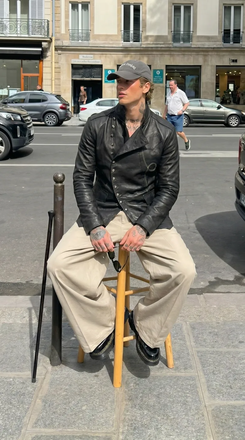 Man wearing Buneri black military leather biker jacket