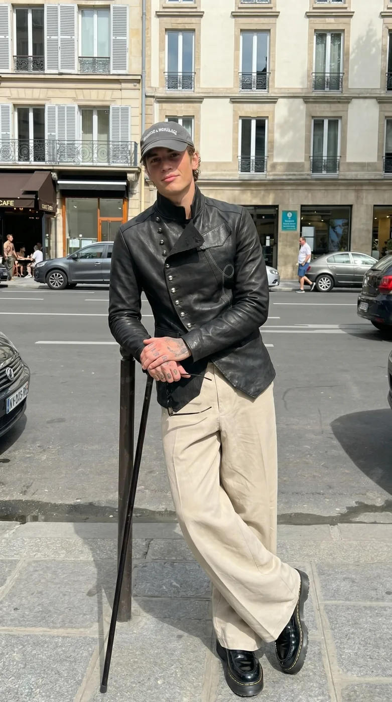Man wearing Buneri black military leather biker jacket