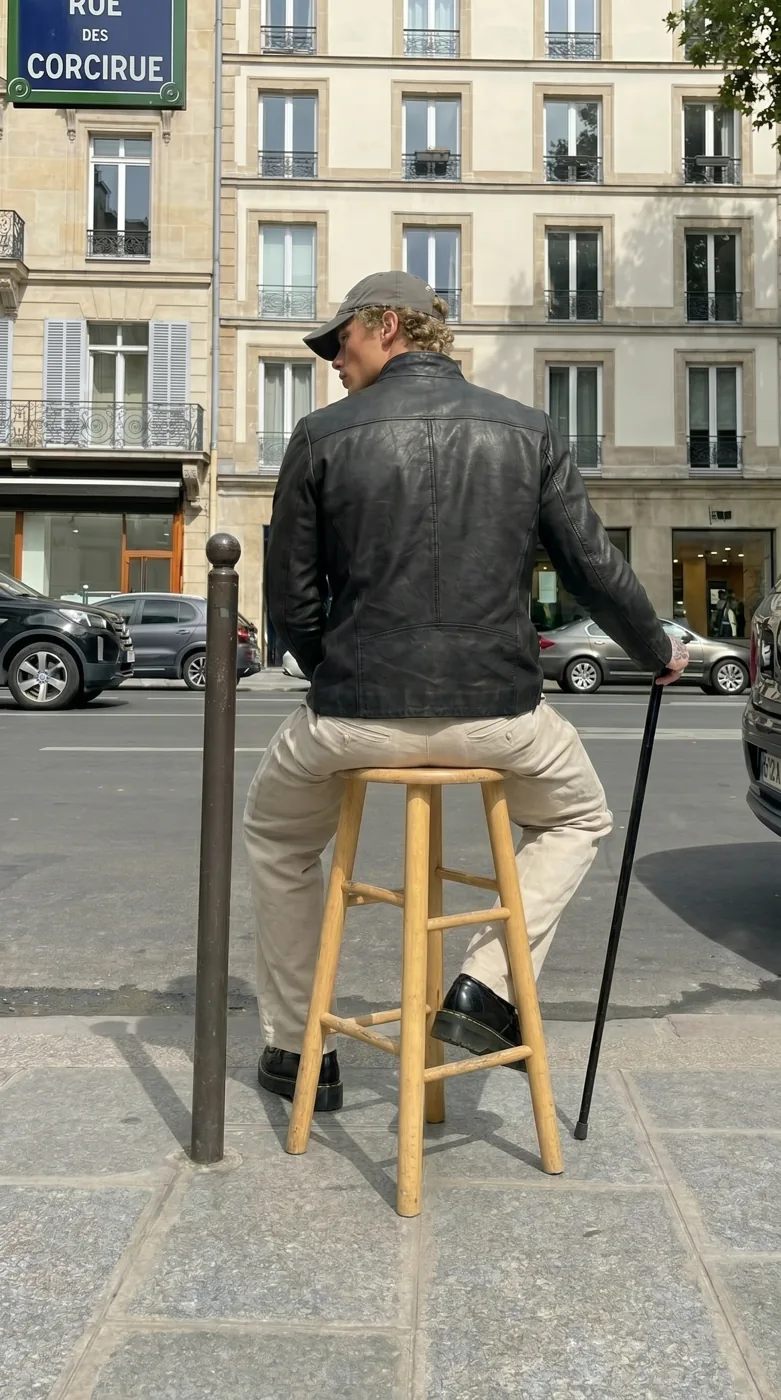 Man wearing Buneri black military leather biker jacket