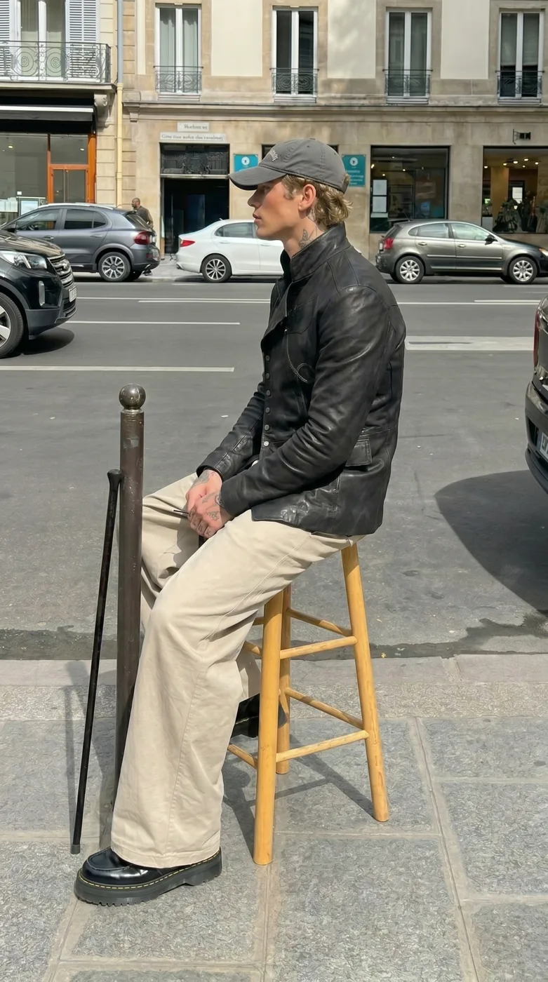 Man wearing Buneri black military leather biker jacket
