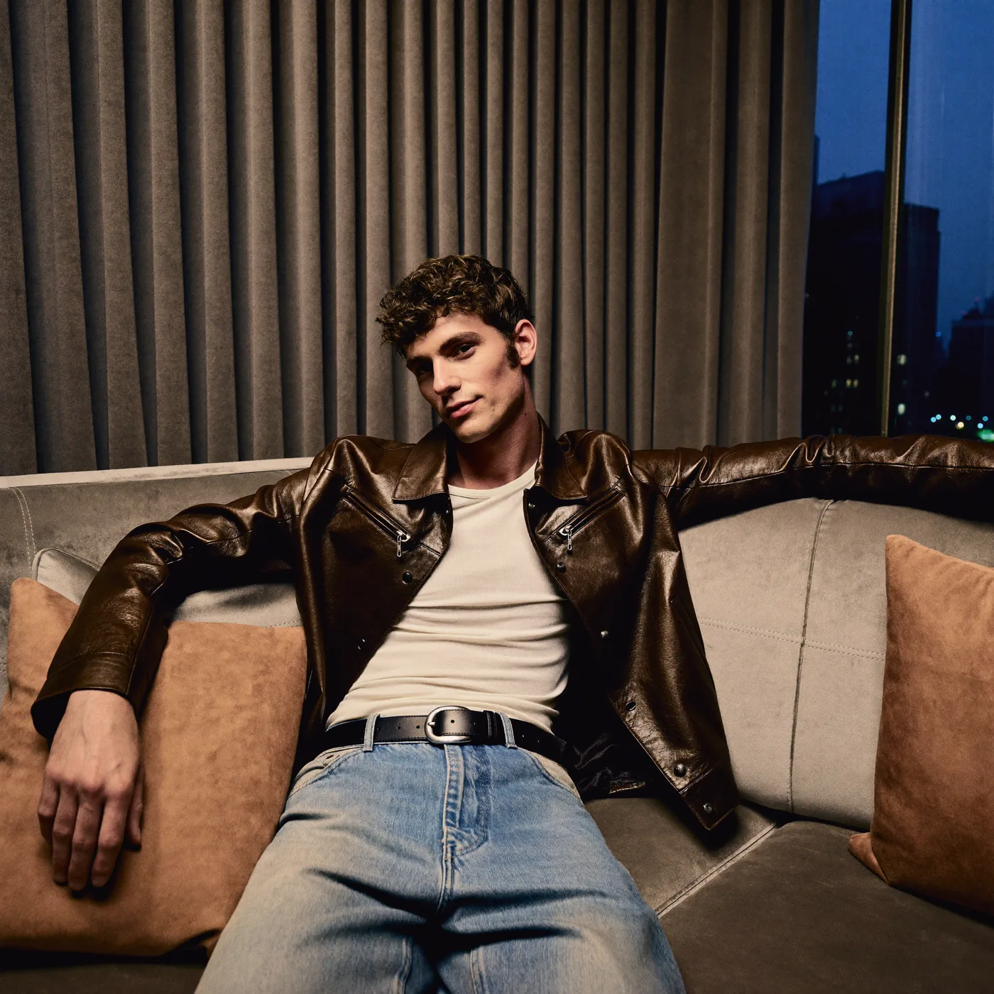 Man wearing Buneri brown leather jacket
