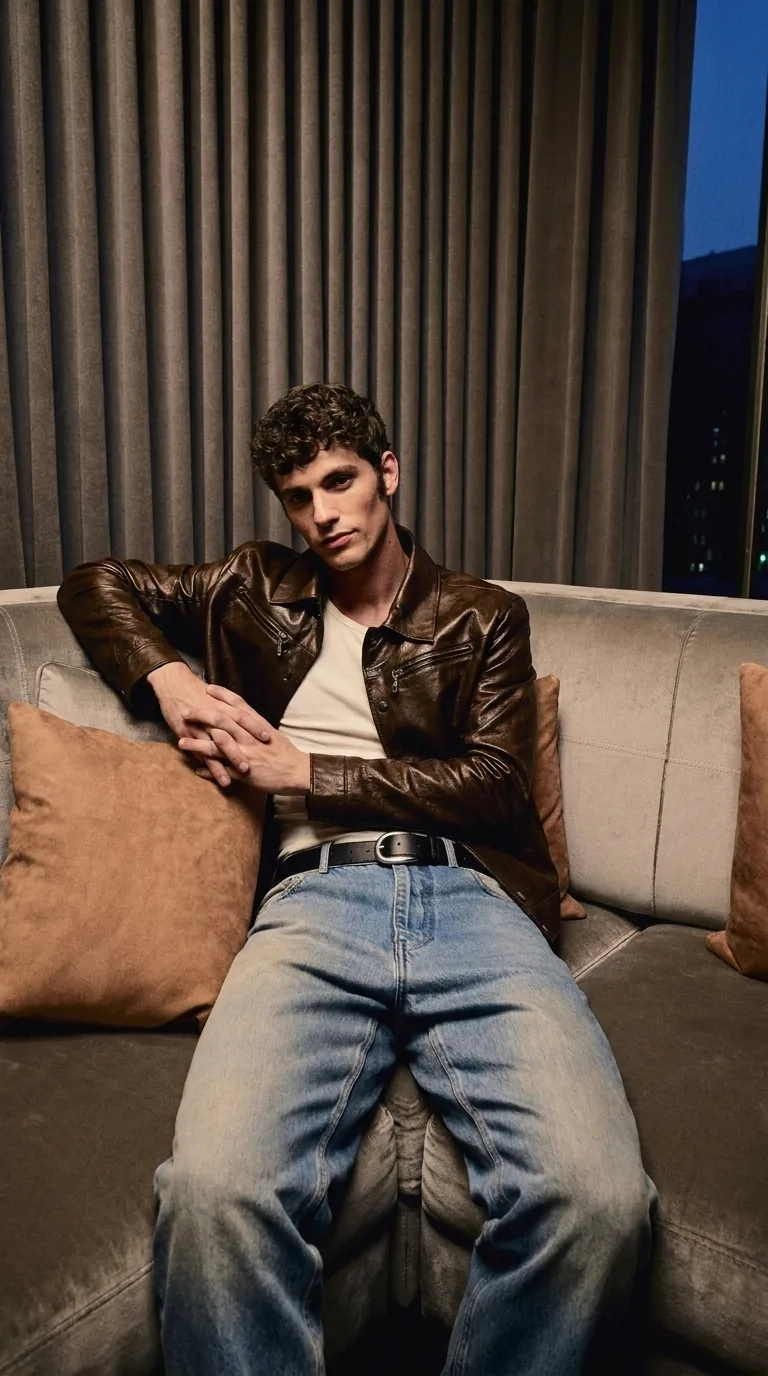 Man wearing Buneri brown leather jacket