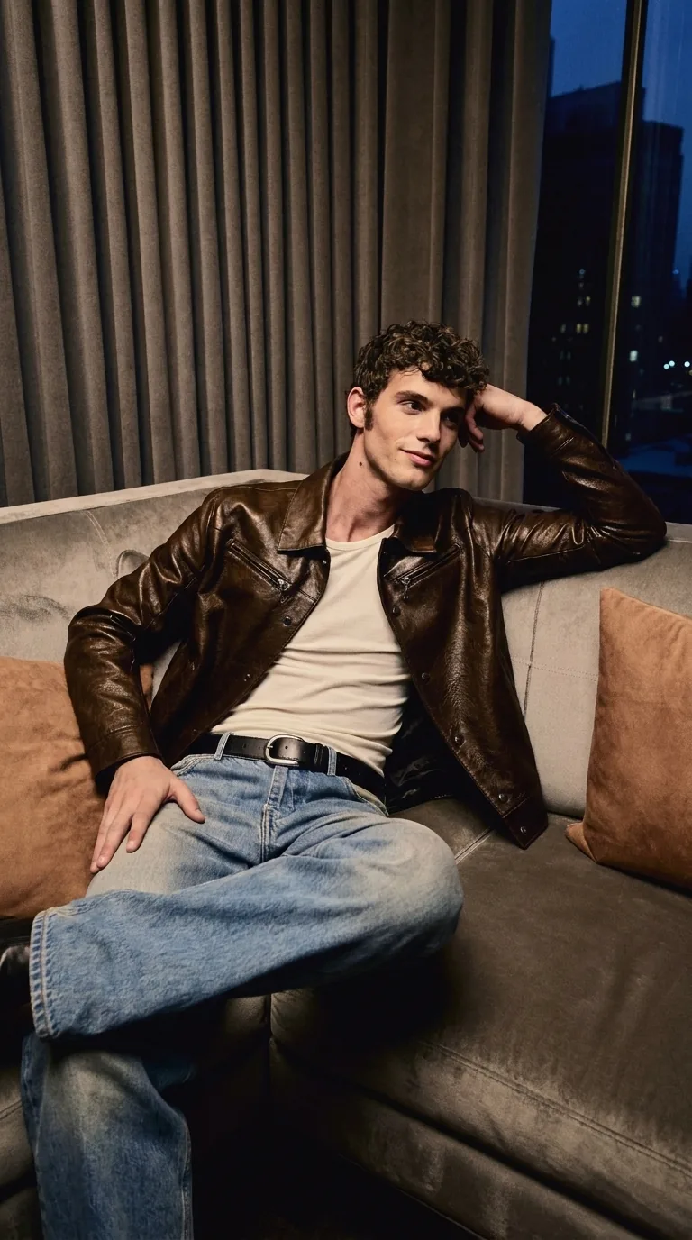 Man wearing Buneri brown leather jacket