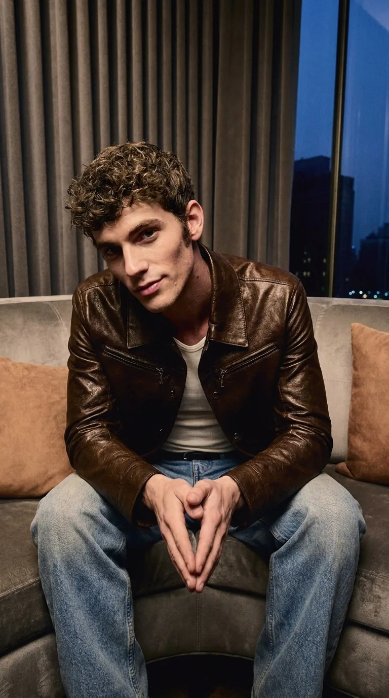 Man wearing Buneri brown leather jacket