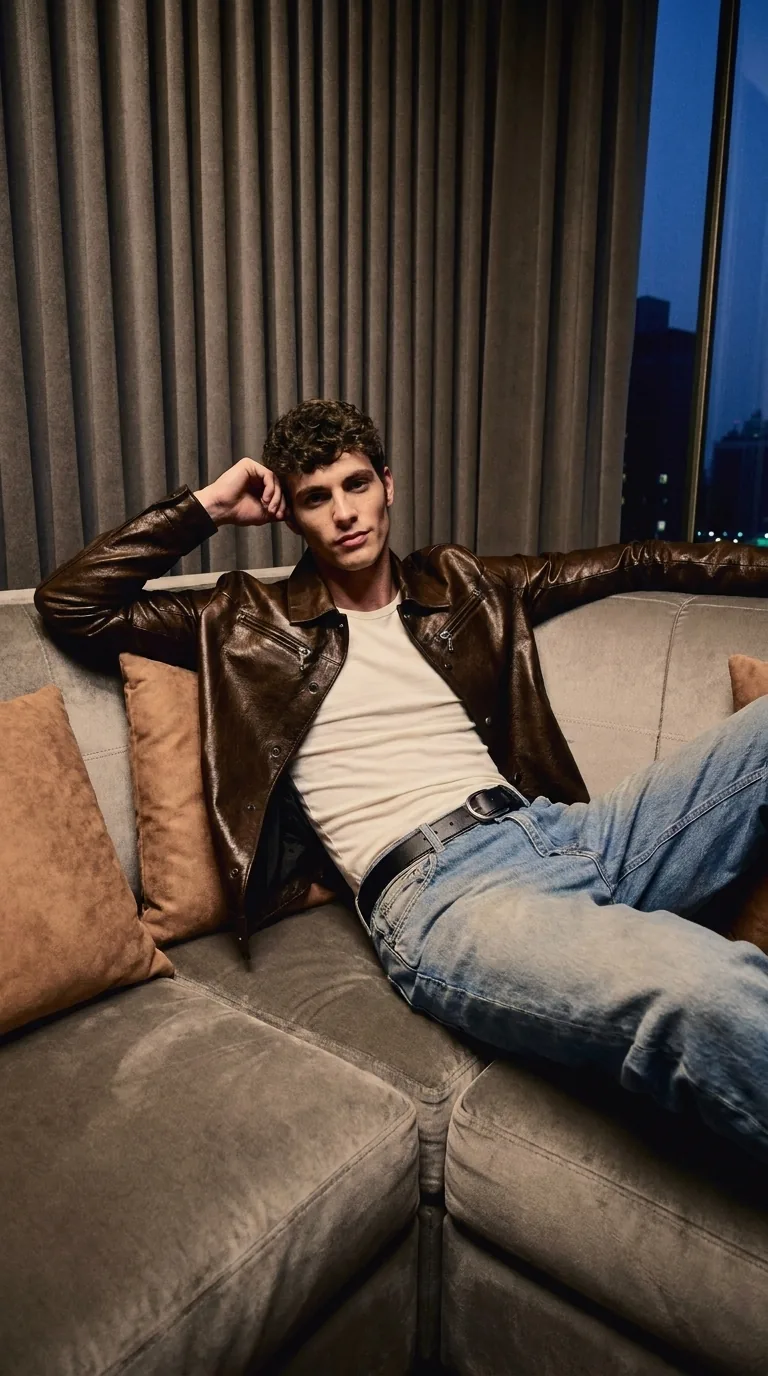 Man wearing Buneri brown leather jacket