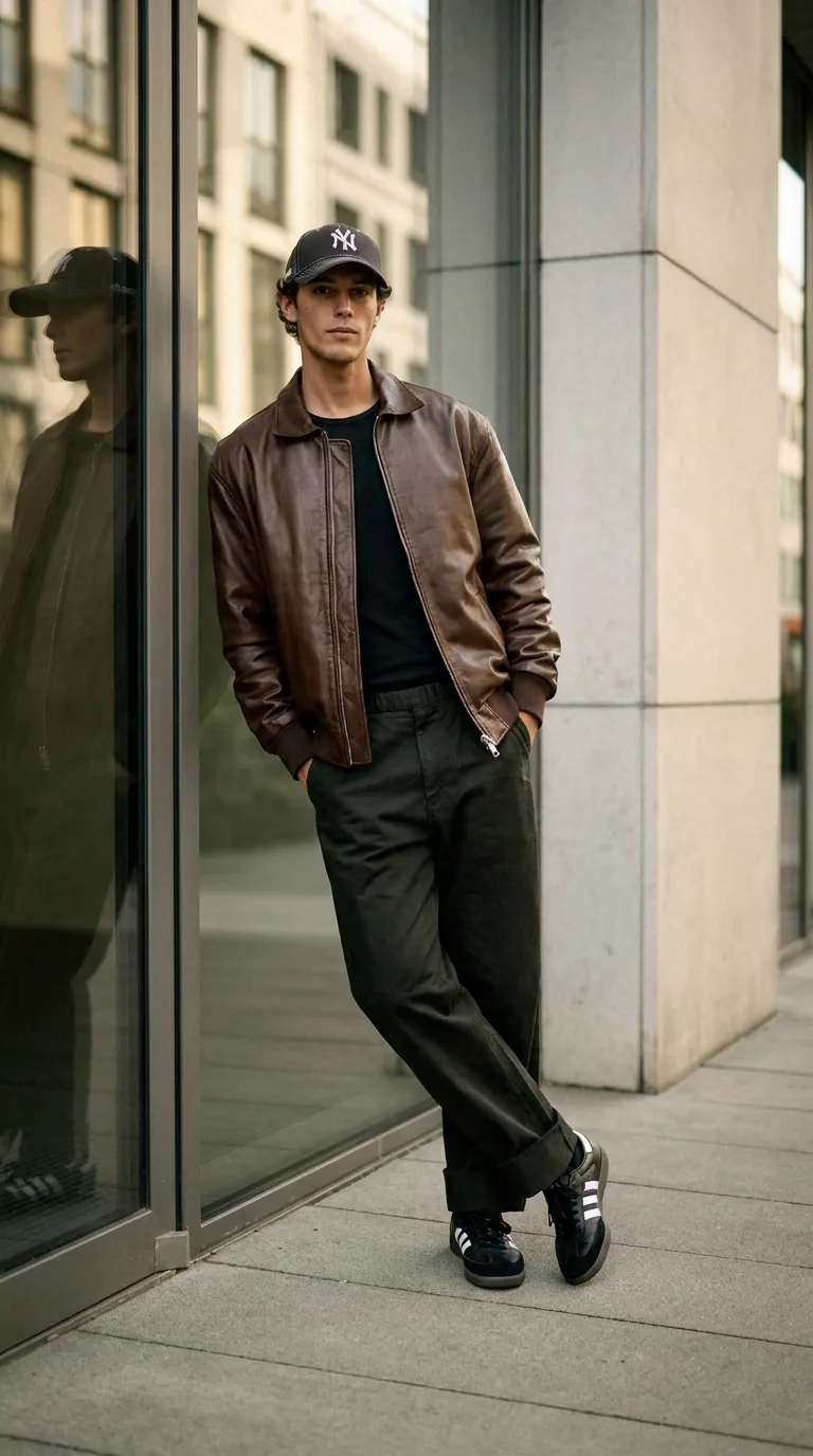 Man wearing Buneri brown leather jacket