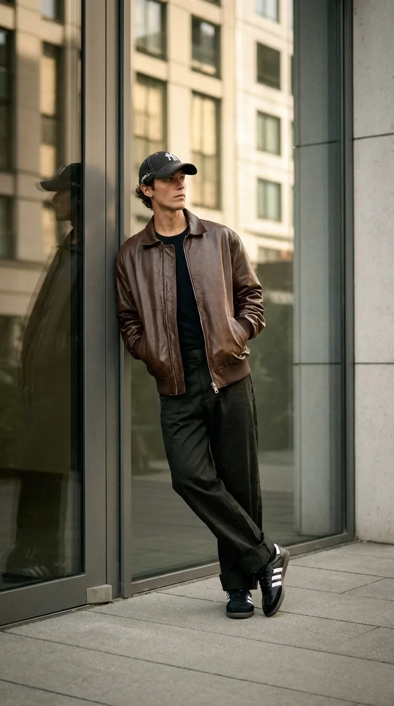 Man wearing Buneri brown leather jacket